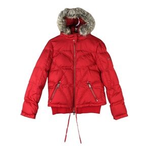 ESPRIT DE CORP Down Puffer Jacket Large Red Zipper Pockets Hooded warm